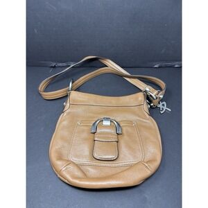 b. makowsky Tan Pebbled Leather Crossbody with Silver Buckle Detail